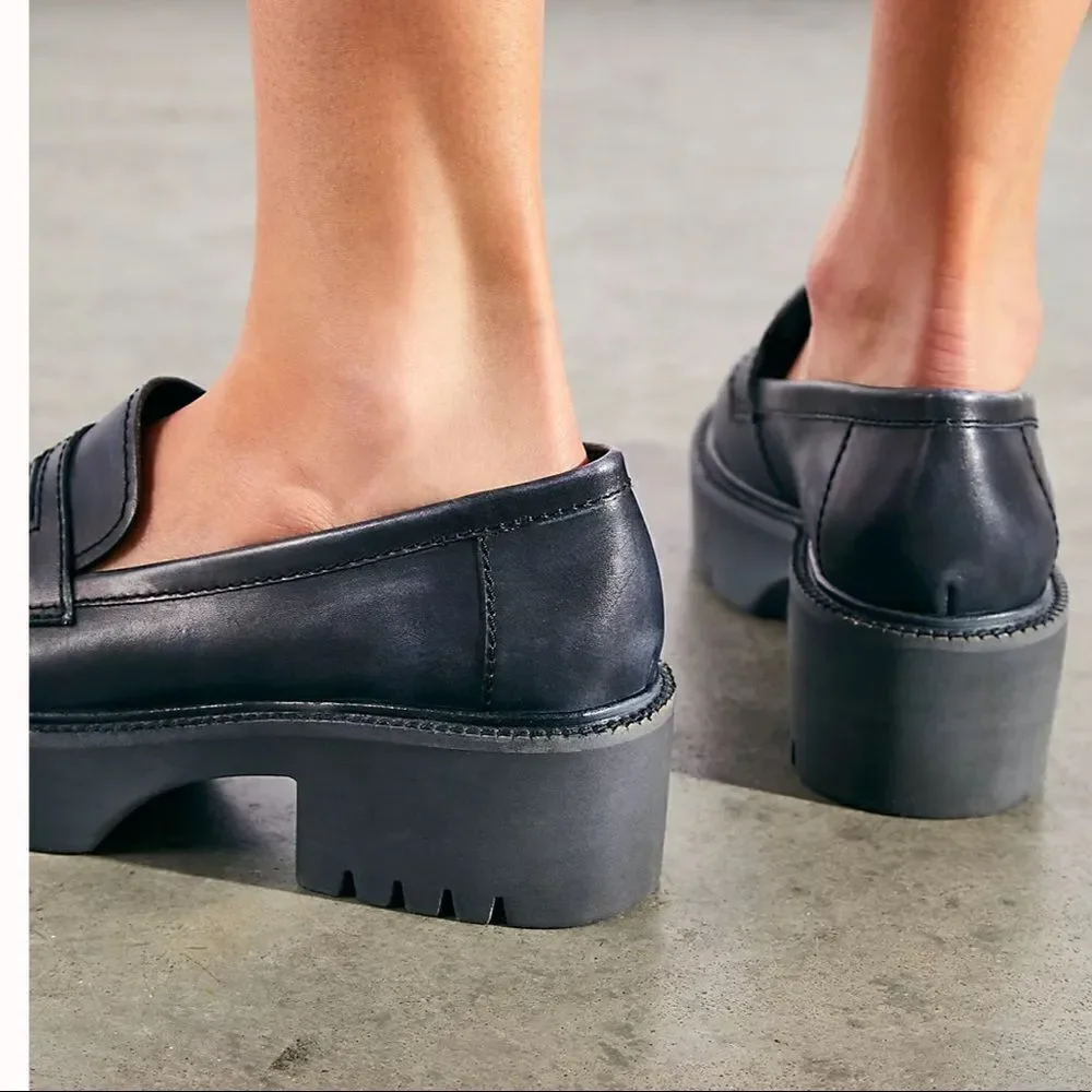 Free People Decker Penny Loafer Black Leather Lug Sole Platform EU 39 US 9